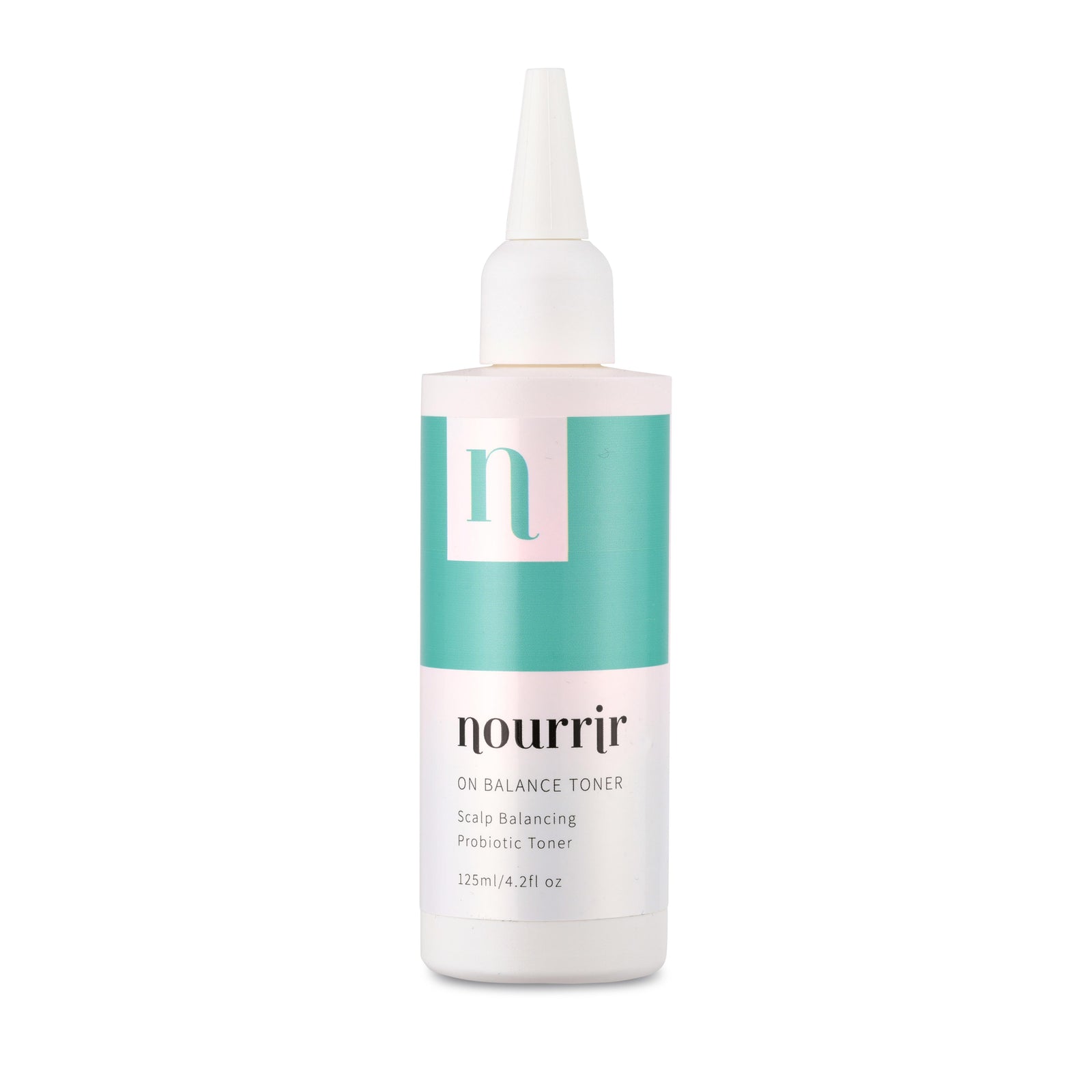 A pump bottle of nourrir On Balance Toner with a turquoise label and pink text.